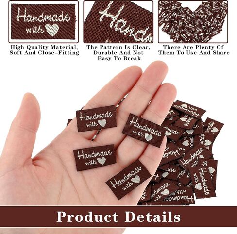 Jeffdad 100 قطعة من ملصقات الخياطة للمنتجات المصنوعة يدويًا، مصنوعة يدويًا بملصقات الحب وعلامات منقوشة على الملابس، ملصقات قماشية للحرف اليدوية والحياكة والخياطة الكروشيه (بني عميق) in Kuwait