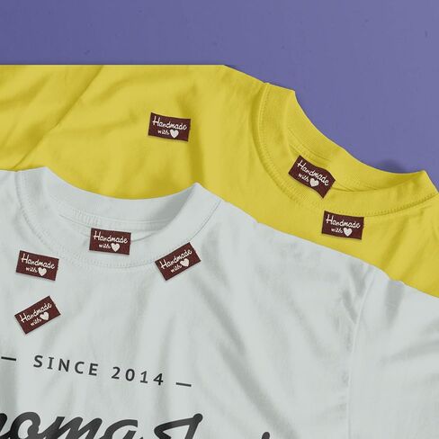 Jeffdad 100 قطعة من ملصقات الخياطة للمنتجات المصنوعة يدويًا، مصنوعة يدويًا بملصقات الحب وعلامات منقوشة على الملابس، ملصقات قماشية للحرف اليدوية والحياكة والخياطة الكروشيه (بني عميق) in Kuwait