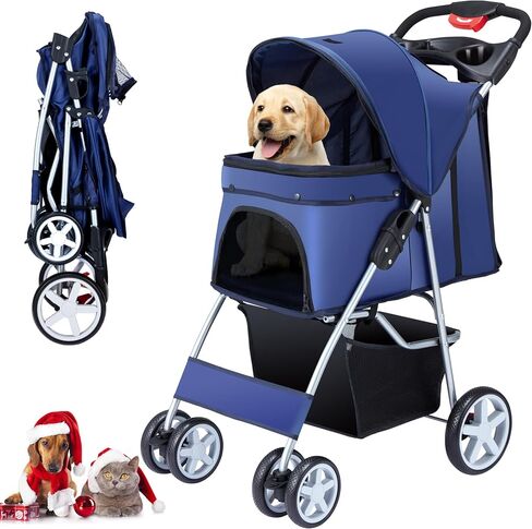 Unisakey Foldable 4-Wheel Pet Stroller for Dogs Cats 10-33lbs, Navy Blue in Kuwait