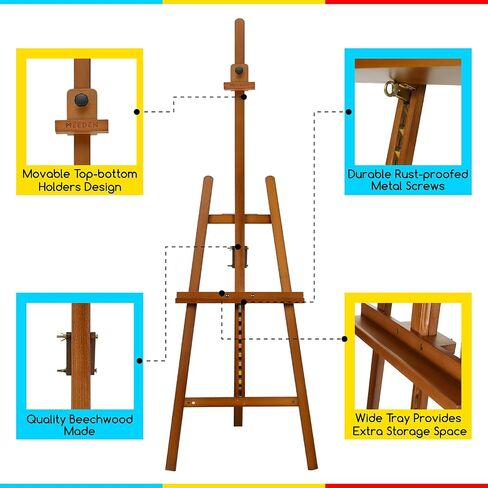 MEEDEN Large Basic Studio Easel: Hold Canvas up to 50'' Solid Beech Wood Artist Easel - Adjustable Height and Working Angles A-Frame Floor Painting Easel for Adults Artist Beginners Students in Saudi Arabia