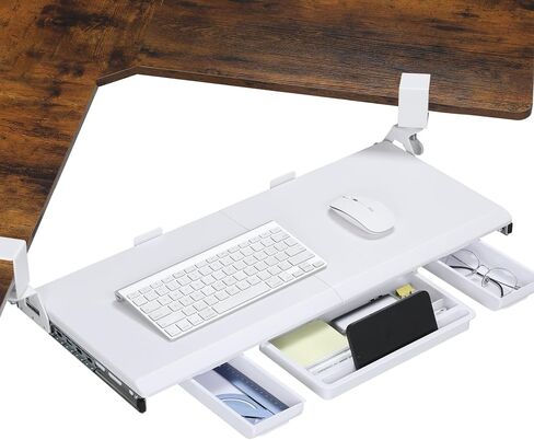 ETHU Keyboard Tray Under Desk, Ergonomic Corner Keyboard Tray with 180° Adjustable C Clamp for L Shape Desk 26.77" X 12.2" Easy to Install, Computer Keyboard Stand for Home and Office (White) in Kuwait