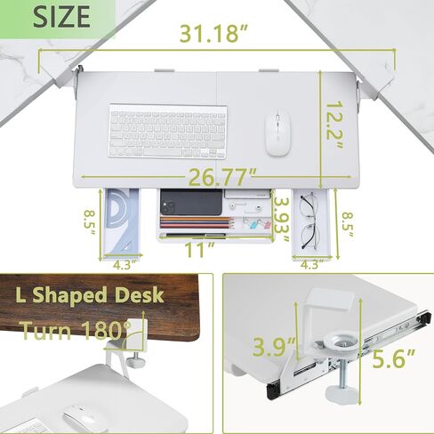 ETHU Keyboard Tray Under Desk, Ergonomic Corner Keyboard Tray with 180° Adjustable C Clamp for L Shape Desk 26.77" X 12.2" Easy to Install, Computer Keyboard Stand for Home and Office (White) in Kuwait