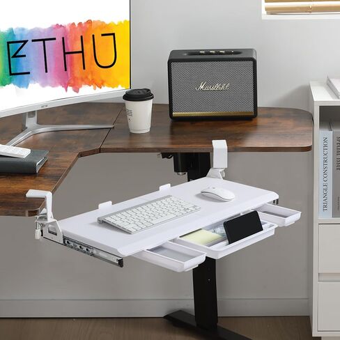 ETHU Keyboard Tray Under Desk, Ergonomic Corner Keyboard Tray with 180° Adjustable C Clamp for L Shape Desk 26.77" X 12.2" Easy to Install, Computer Keyboard Stand for Home and Office (White) in Kuwait
