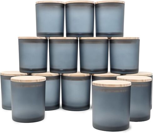 SHOWIN 10 OZ Thick Candle Jars for Making Candles 15 Pcs, Empty Jars with Wood Lids for Candle Making, Sample Container, Frosted Blue in Saudi Arabia