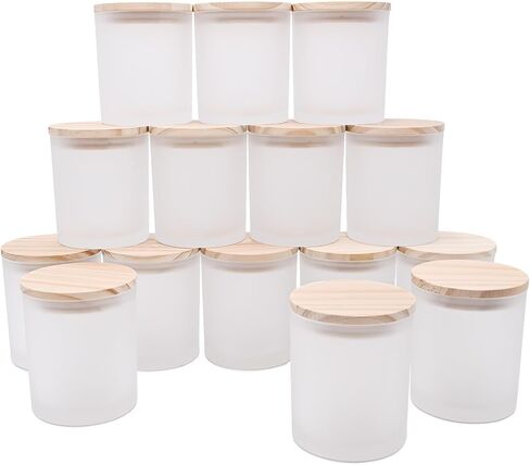 SHOWIN 10 OZ Thick Candle Jars for Making Candles 15 Pcs, Empty Jars with Wood Lids for Candle Making, Sample Container, Frosted Blue in Saudi Arabia