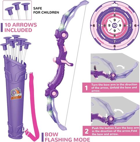Bow and Arrow Toys with LED Light Up Archery, Birthday Gift for Girls 5 6 7 8 9 10 11 12 Year Old, Christmas Indoor Outdoor Activity Toy for Kids Girls Ages 6-8, 10 Suction Cup Arrows, Target, Quiver in Saudi Arabia