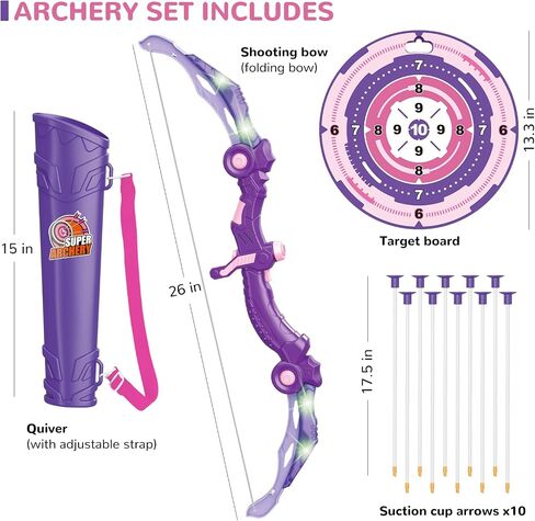 Bow and Arrow Toys with LED Light Up Archery, Birthday Gift for Girls 5 6 7 8 9 10 11 12 Year Old, Christmas Indoor Outdoor Activity Toy for Kids Girls Ages 6-8, 10 Suction Cup Arrows, Target, Quiver in Saudi Arabia