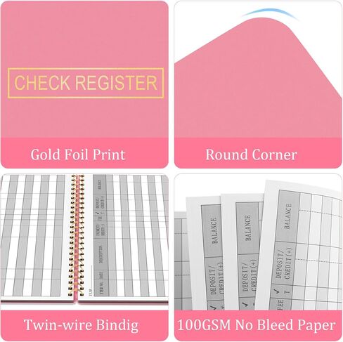 HAUTOCO Check Registers for Personal Checkbook, Transaction Expense Ledger Log Book for Small Business, Checking Account Register Book to Track Payments, Deposits, Finances, 8.4 x 6.2'', Pink in Kuwait