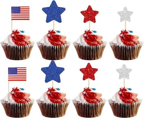 Gyufise 136Pcs American Flag Patriotic Cupcake Toppers 4th of July Double Sides Glitter Star Cupcake Toppers Cake Toppers Picks Independence Day Cupcake Party Decorations Supplies Favors in Saudi Arabia