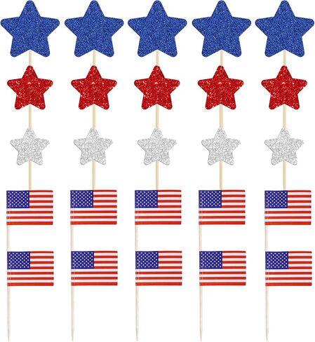 Gyufise 136Pcs American Flag Patriotic Cupcake Toppers 4th of July Double Sides Glitter Star Cupcake Toppers Cake Toppers Picks Independence Day Cupcake Party Decorations Supplies Favors in Saudi Arabia