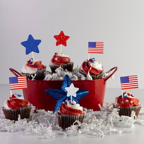 Gyufise 136Pcs American Flag Patriotic Cupcake Toppers 4th of July Double Sides Glitter Star Cupcake Toppers Cake Toppers Picks Independence Day Cupcake Party Decorations Supplies Favors in Saudi Arabia