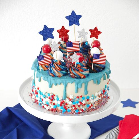 Gyufise 136Pcs American Flag Patriotic Cupcake Toppers 4th of July Double Sides Glitter Star Cupcake Toppers Cake Toppers Picks Independence Day Cupcake Party Decorations Supplies Favors in Saudi Arabia