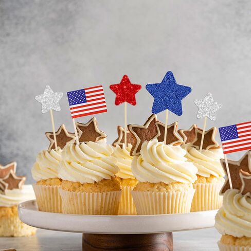 Gyufise 136Pcs American Flag Patriotic Cupcake Toppers 4th of July Double Sides Glitter Star Cupcake Toppers Cake Toppers Picks Independence Day Cupcake Party Decorations Supplies Favors in Saudi Arabia
