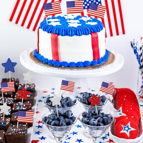 Gyufise 136Pcs American Flag Patriotic Cupcake Toppers 4th of July Double Sides Glitter Star Cupcake Toppers Cake Toppers Picks Independence Day Cupcake Party Decorations Supplies Favors in Saudi Arabia