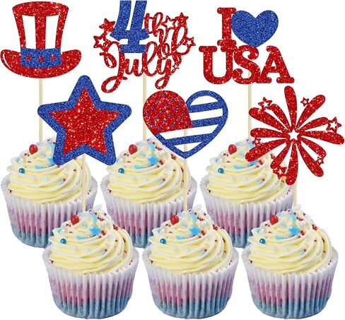 Gyufise 136Pcs American Flag Patriotic Cupcake Toppers 4th of July Double Sides Glitter Star Cupcake Toppers Cake Toppers Picks Independence Day Cupcake Party Decorations Supplies Favors in Saudi Arabia