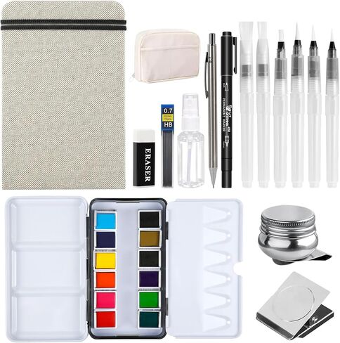 مجموعة ألوان مائية صغيرة من هيكدو، 12 لونًا، مجموعة ألوان مائية محمولة للسفر مع لوحة ألوان مائية، مستلزمات الرسم، مجموعة ألوان مائية مثالية لمحبي الرسم والفنانين، أخضر صنوبر in Kuwait