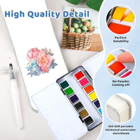 مجموعة ألوان مائية صغيرة من هيكدو، 12 لونًا، مجموعة ألوان مائية محمولة للسفر مع لوحة ألوان مائية، مستلزمات الرسم، مجموعة ألوان مائية مثالية لمحبي الرسم والفنانين، أخضر صنوبر in Kuwait