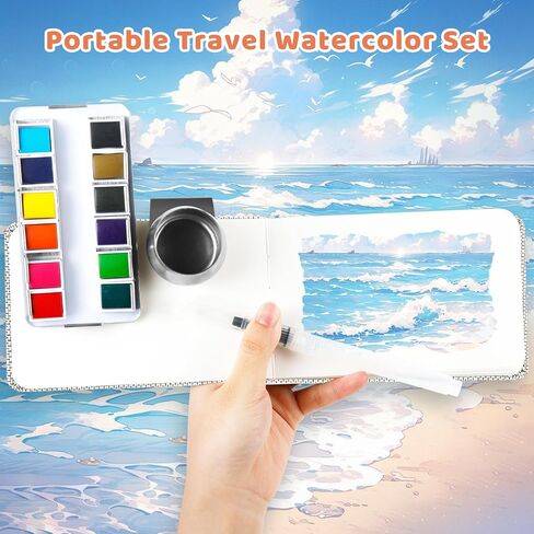 مجموعة ألوان مائية صغيرة من هيكدو، 12 لونًا، مجموعة ألوان مائية محمولة للسفر مع لوحة ألوان مائية، مستلزمات الرسم، مجموعة ألوان مائية مثالية لمحبي الرسم والفنانين، أخضر صنوبر in Kuwait