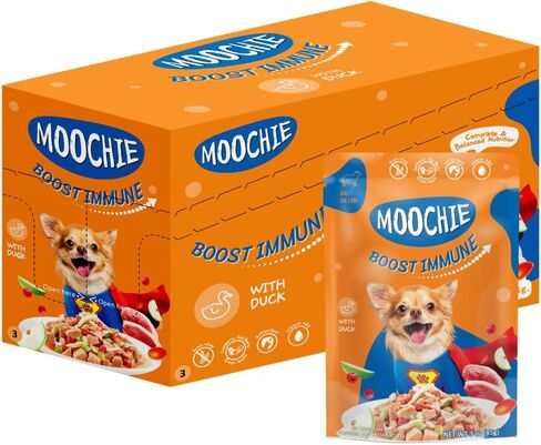 طعام الكلاب الرطب الخالي من الحبوب من MOOCHIE للسلالات الصغيرة - التحكم في الوزن - الديك الرومي مع البطاطا الحلوة والقرع والبازلاء الخضراء - بدون مواد حافظة مضافة أو نكهات صناعية - 3 أونصة × 12 كيس in Kuwait