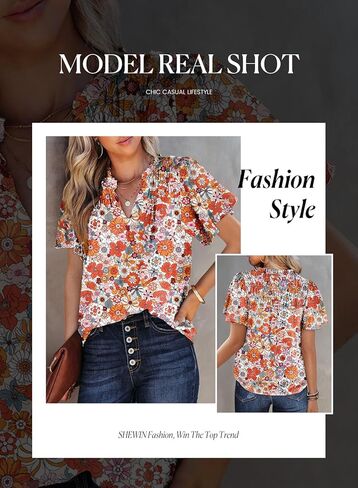 بلوزات SHEWIN نسائية كاجوال برقبة على شكل حرف V وطبعة زهور وأكمام قصيرة من الشيفون وقمصان بوهيمية in Kuwait