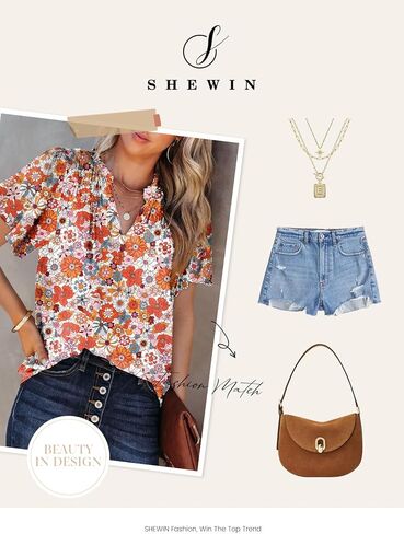 بلوزات SHEWIN نسائية كاجوال برقبة على شكل حرف V وطبعة زهور وأكمام قصيرة من الشيفون وقمصان بوهيمية in Kuwait