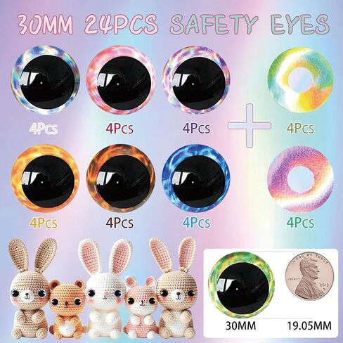 MUCUNNIA 20pcs 30mm 3D Glitter Safety Eyes for Crocheting with Washers Safety Eyes for Amigurumi Tie Dye Laser Crochet Safety Eyes for Crochet Animals Crafts Easter Decor Crochet Accessories in Kuwait