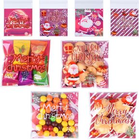 FamEaze Christmas Cellophane Bags, 100 PCS Christmas Cellophane Treat Bags Self Adhesive Clear Cookie and Candy Bags for Christmas Party Favors Supplies, 4 * 4 Inches (4 Style)
