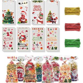 YIYATOO 120 Pcs Christmas Treat Bags,Christmas Candy Bags with 140Pcs Colorful Twist Ties,Cellophane Goodie Bags for Sweets Party Christmas and Festivals -10.6 * 5.1 inch