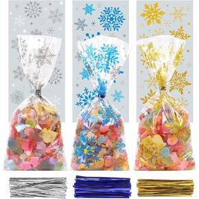 CCINEE 180Pcs Christmas Cellophane Treat Bags for Kids,Xmas Snowflake Treat Bags with Metallic Twist Ties for Party Favor Supplies Gift Bags Candy Cookie Wrappers