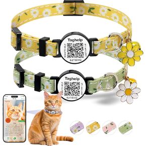 2 Pack Cotton Breakaway Cat Collar with Smart ID tag, Flowers Pendant Cute Cat Kitten Collar,QR Code Ideal for Girl Cats Boy Cats, with Bell with Smart QR ID Name Tag (Yellow&Green/No AirTag Holder)