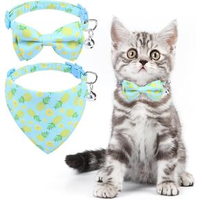 KOOLTAIL Cat/Kitten Collar Breakaway with Bells and Bowtie, 2 Packs Cute Bandana Cat Collars,Plaid Design with Safety Buckle Adjustable Size for Small Cats Boys or Girls,Beige