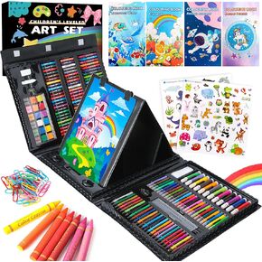 Art Supplies 332 Piece Drawing Art Kit Gifts for Girls Boys Kids Teens Gifts Art Set Case with Double Sided Trifold Easel, Stickers, Sketch Paper, Coloring Book, Pastels, Crayons, Pencils (Pink)