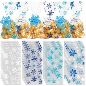 Vellibring 120PCS Christmas Cellophane Bags,Winter Snowflake Bags Transparent Plastic Candy Cookie Bags with Twist Ties Snowflake Hanging Tags for Xmas Winter Holiday Party Supplies