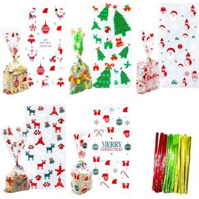 Hifunwu 150 pcs Christmas Cellophane Bags Christmas Treat Bags with Twist Ties for Cookie Candy Christmas Party Supplies
