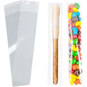 SUREHOME Pretzel Rod Bags 100 Pcs 2x8 Inch Pretzel Bags Adhesive Pretzels Individual Bags Clear Resealable Self Sealing Cellophane Bags for Chocolate Covered Pretzels Stick Bags Candy Treats Packaging