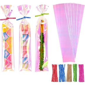 Cherodada Cellophane Treat Bags, 6x12 Inch Iridescent Cellophane Bags with Thank You Stickers and Twist Ties, Celebrations Baby Showers Weddings Birthday Party Gift Wrapping(Pack of 100)
