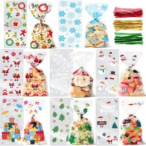 160PCS Christmas Treat Bags, 8 Styles Christmas Cellophane Treat Bags with 200PCS Ties, Clear Xmas Cello Candy Bags Gift Goodies Cookie Bags for Christmas Theme Winter Holiday Party Favors Supplies