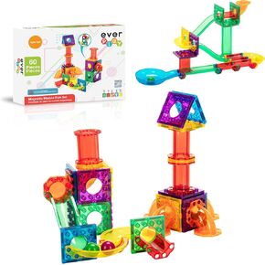 Everplay 60 Piece Marble Run Magnetic Building Toys Magnet Tile Construction Blocks STEM Learning Educational Toy Playset Toddlers Preschool Boys Girls Kids Children Unlimited Creations Age 3+ and Up