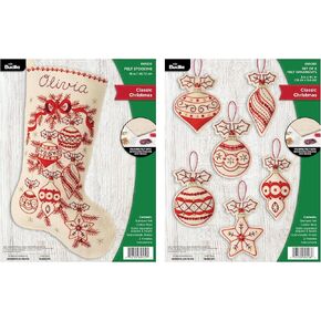Bucilla Classic Christmas Holiday Bundle, All-in-One Kit Including an 18" Felt Applique Stocking and 6 Ornaments, AMZCC24