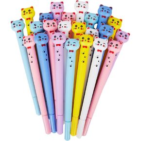 24 Pcs Colorful Cat Pens, Cartoon Cat Pens Set for Kids Girls, Kawaii Gel Pens 0.5mm Black Ink Ballpoint Pens for School Office Supplies