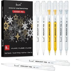 White Pens, White Gel Pens for Artists, 1mm Extra Fine Point, White Pens for Black Paper, White Gel Pen, White Ink Pen, White Drawing Pens,White Pen for Artists Drawing, 8 Pack