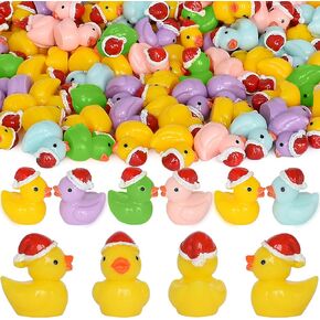70 Pcs Tiny Christmas Ducks Mini Resin Ducks Miniature Ornaments for Slime, Dollhouse, Garden Decoration(Christmas Hat Mixed Duck)