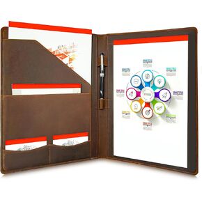 Leather Portfolio Binder Folder Organizer - Crazy Horse Professional Business File Folder for Resume Legal with A4 Clipboard Padfolio, Business Card Pen Holder, Document Sleeve (Mocha Brown)