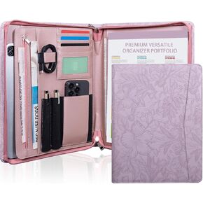 Purple PU Embossed Leather Padfolio for Women, A4 Document Holder with Zipper, Cheque and Legal Notepad Holder, Interview Binder for Women, Work Portfolio Organizer, Personalized Portfolios for Women