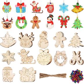 96 Pcs Wooden Christmas Ornaments Unfinished Wood Slices, Wooden Christmas Tree Hanging Ornaments for DIY Art Craft with 12 Styles, DIY Wooden Christmas Ornaments Hanging Decorations Kit