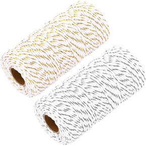 MECCANIXITY Cotton Rope Twisted Braided Rope Cord, Multicolored 100m/109 Yard 2mm Dia for Wall Hanging, Plant Hanger, Knitting, Macrame Knotting (White Gold, White Silver)