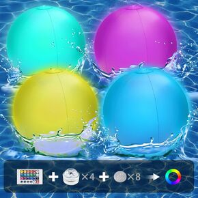 4 Pack Light Up Beach Balls for Kids, 12" LED Glow in The Dark Pool Balls with Remote Control, Inflatable Pool Toys Beach Games Balls for Outdoor Indoor Activities, Swimming Pool Party Decorations