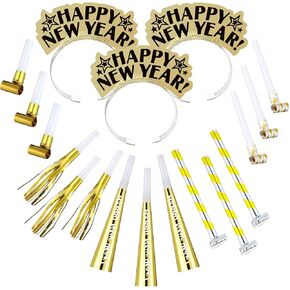 Lenwen 18 Pcs Happy New Years Eve Party Supplies 2025 Noise Makers New Year Headband Tiara Party Horn Blowers Whistles Fringed Noisemaker Novelty Favors for Adult New Years Eve Decoration (Gold)