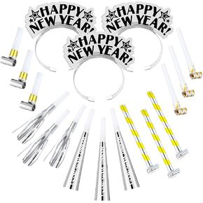 Lenwen 18 Pcs Happy New Years Eve Party Supplies 2025 Noise Makers New Year Headband Tiara Party Horn Blowers Whistles Fringed Noisemaker Novelty Favors for Adult New Years Eve Decoration (Gold)