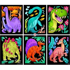 Dinosaurs - 6 Pack of Fuzzy Velvet Coloring Posters for Kids, Toddlers, Girls, and Boys (All Ages Arts and Crafts Activity) - Includes T-Rex, Stegosaurus - Perfect for Vacation Travel or Plane